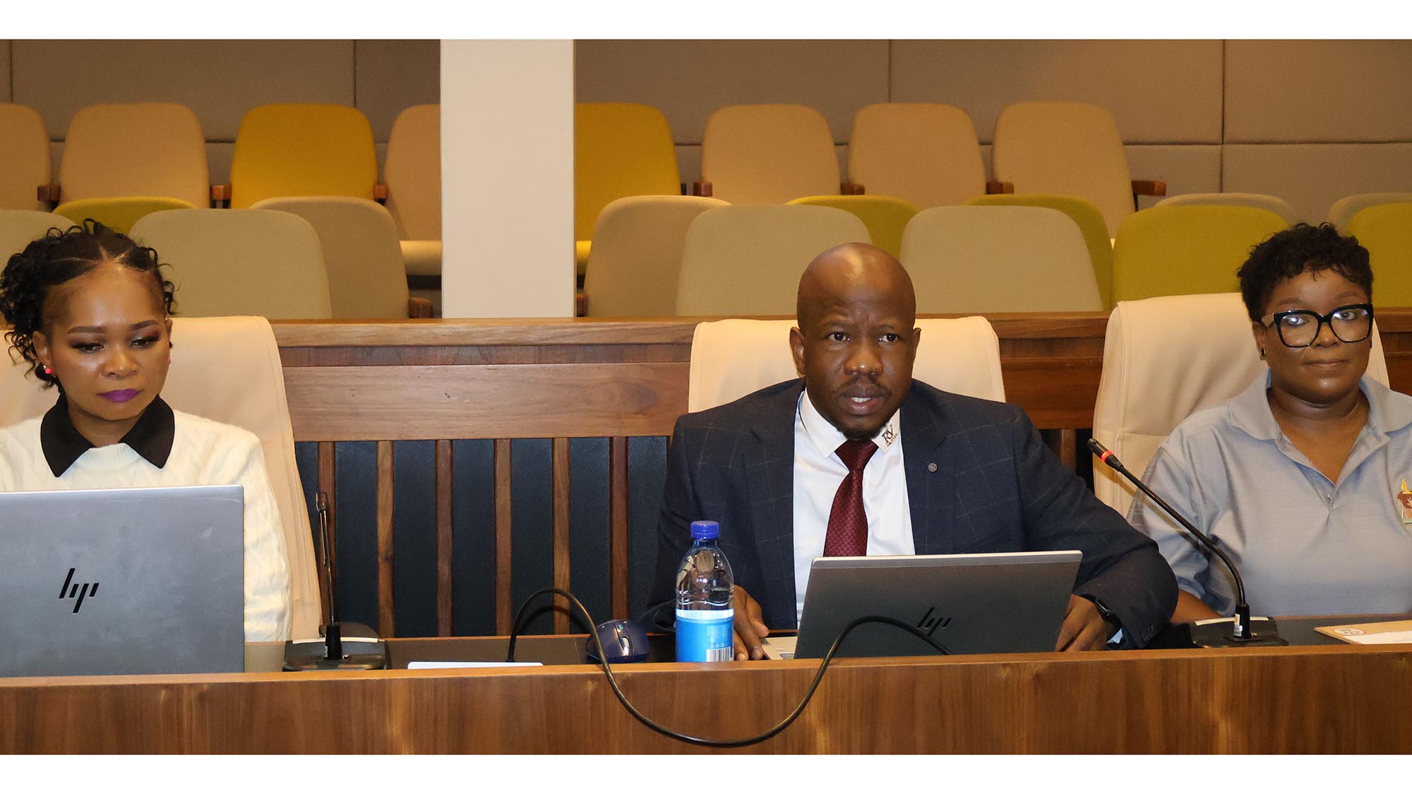Matsapha Town Council Acting CEO Mancoba Zwane (C) addressing the media, while (L-R) Corporate Services Manager Zanele Dlamini and PRO Nozipho Kunene look on. (Pics: Sibusiso Zwane)